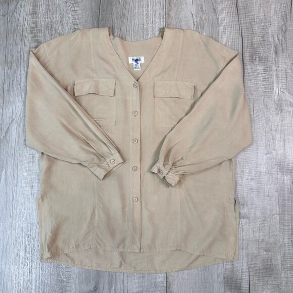 Sostanza Tan Silk Minimalist Top Womens L V-Neck Button Up Long Sleeve 100% Silk - Picture 3 of 7